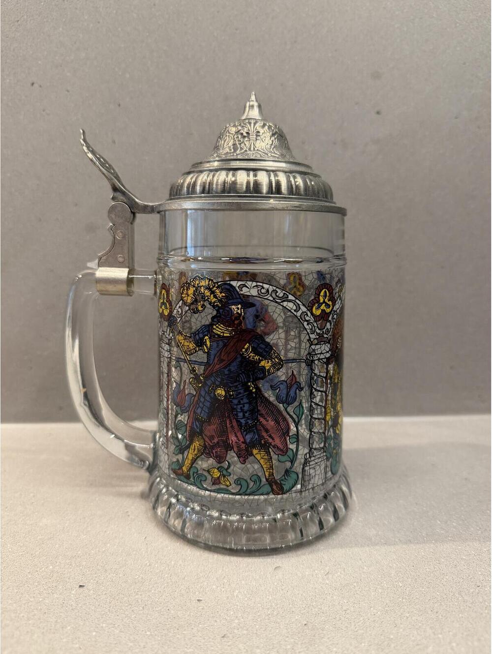 Vintage West Germany Glass Beer Stein Pewter Lid Landsknecht Soldier